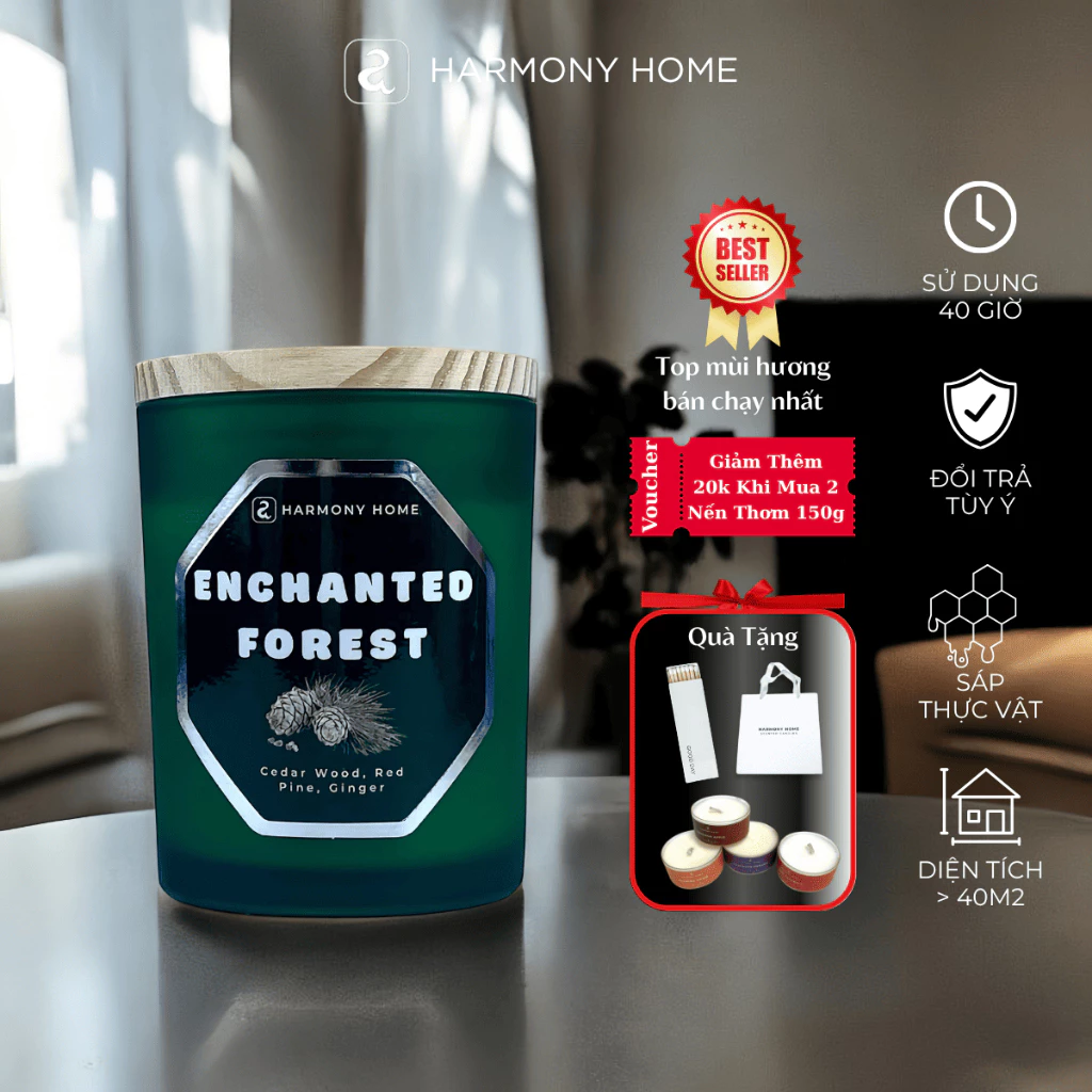 ハーモニーホーム [A] 魔法の森 アロマキャンドル – シダーウッド、レッドパイン、ジンジャーの香り 150g 天然ワックス