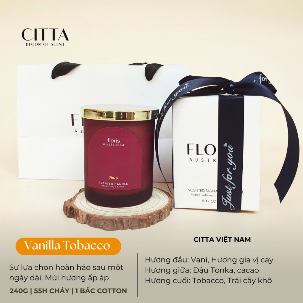 FLORIS バニラタバコ アロマキャンドル 天然ソイワックス 240g FLORIS