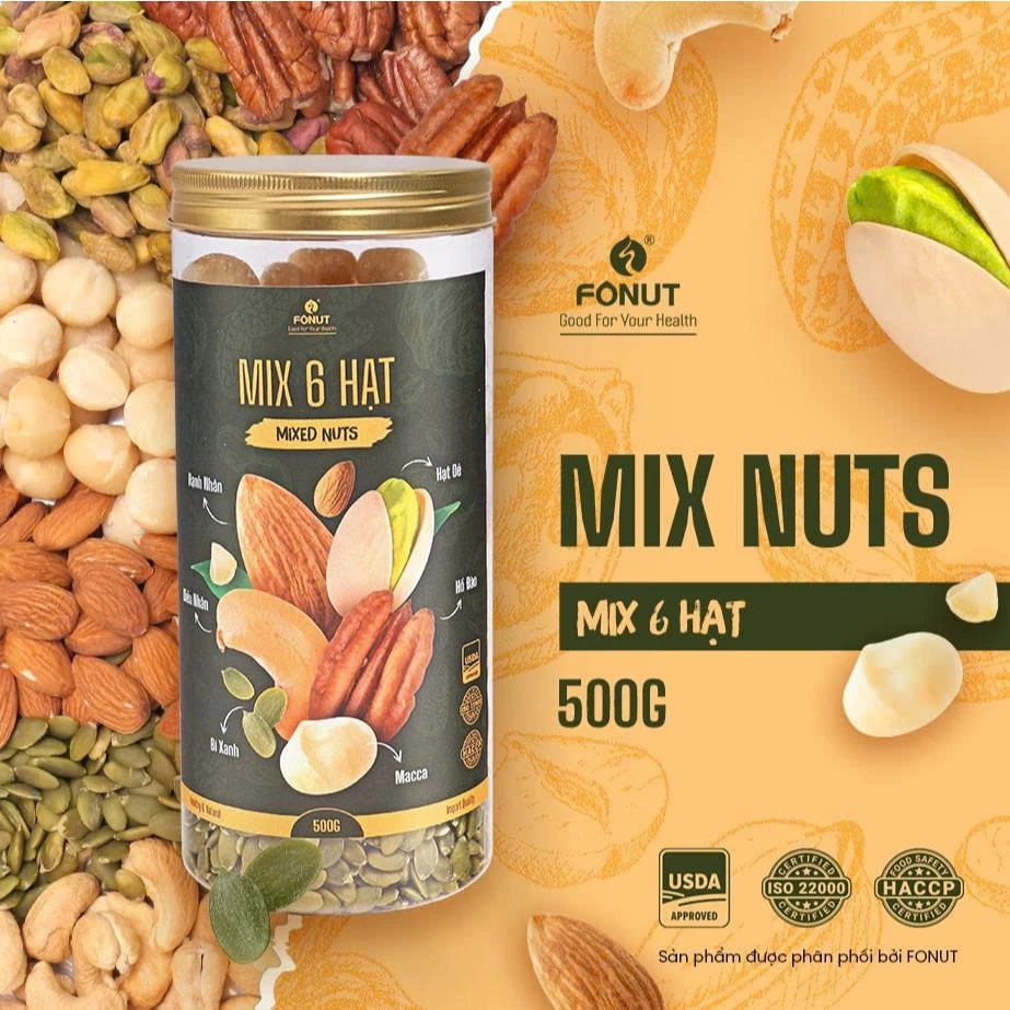 Fonut 皮むきミックスナッツ 6種 500g - 栄養満点！ダイエット、妊婦さん、自家製ナッツミルクに最適