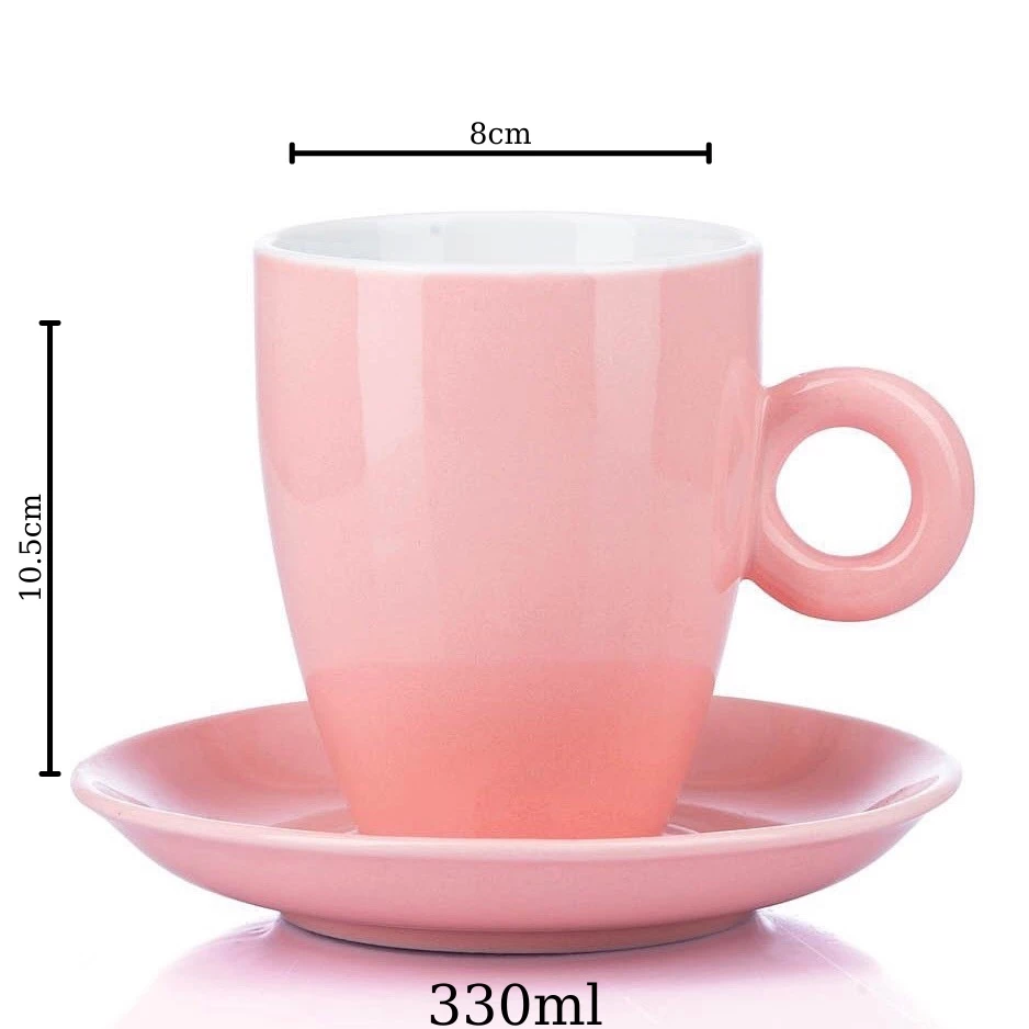 バッチャン焼き 正規 ストーン釉薬 蓋付きマグカップ (ピンク) - 茶/コーヒー用 330ml 美しい陶器カップ