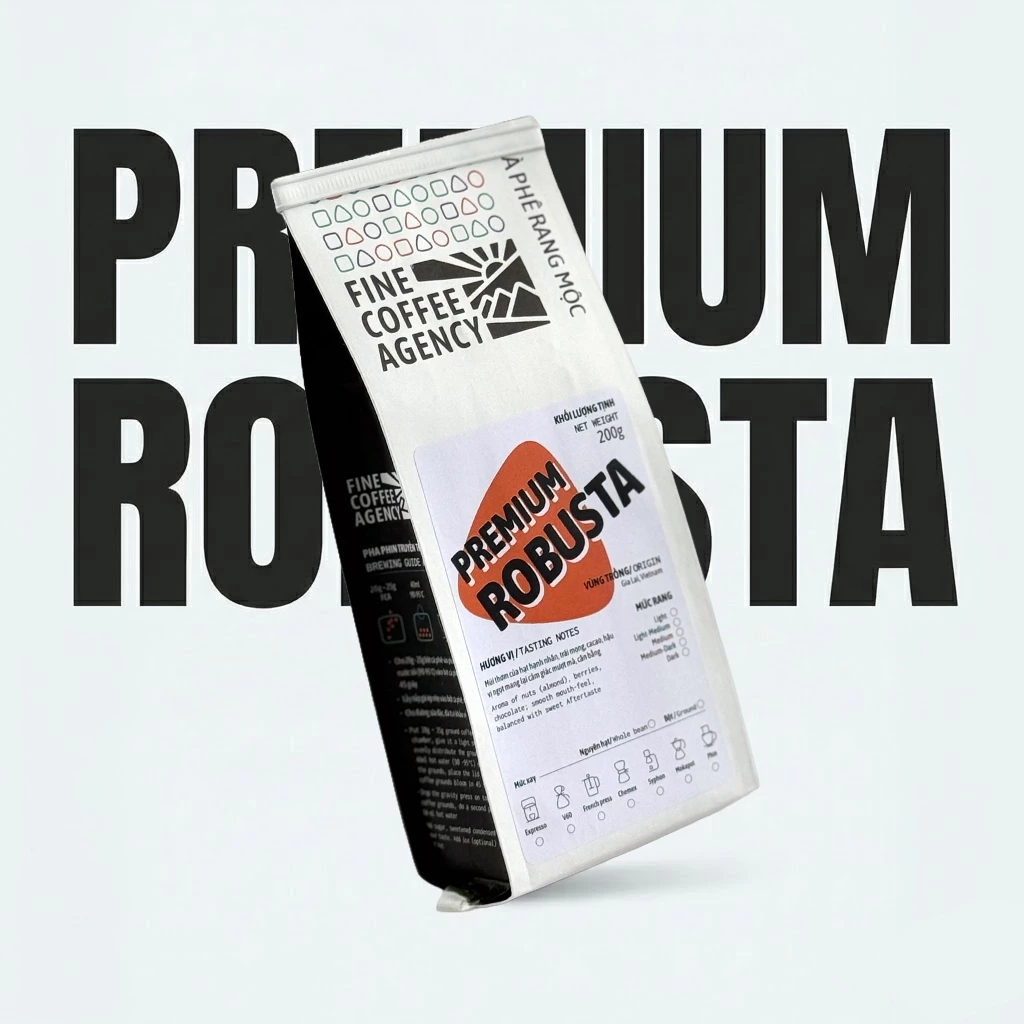 【Gia Lai産】プレミアム ロブスタ コーヒー粉 200g (完熟豆95%使用/挽き済み) - フィン式ダークロースト カカオ＆アーモンドの香り - 濃厚でなめらかな味わい