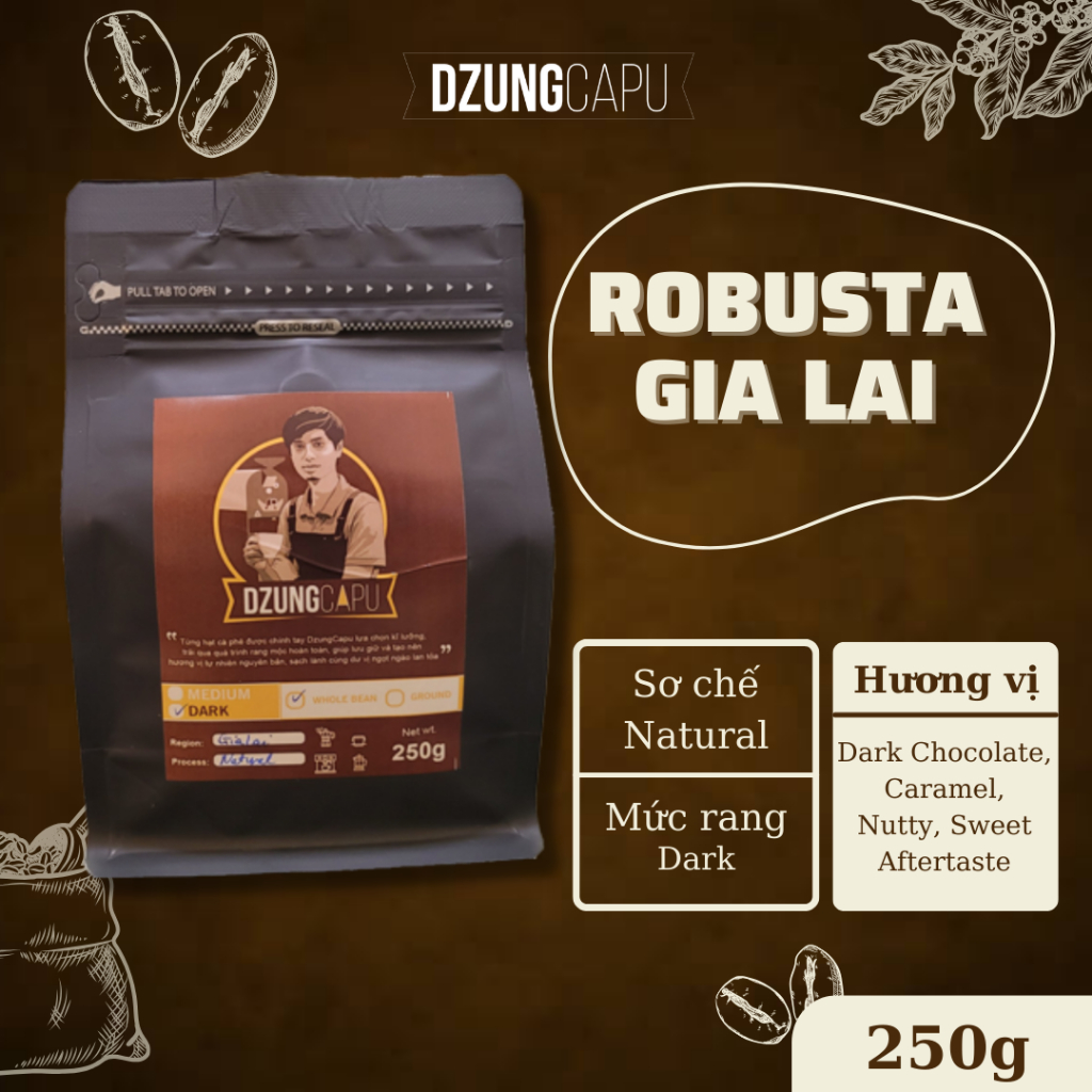 Gia Lai ロブスタ コーヒー - ナチュラルプロセス - 伝統的なダークロースト - 250gr - 丸ごと豆