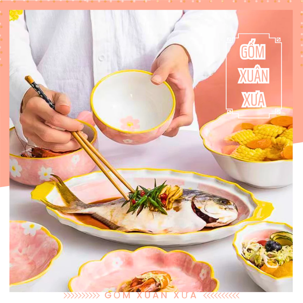 【Gốm Xuân Xưa 2024新作】ピンクの雛菊模様 モダン陶器食器セット（碗皿セット）