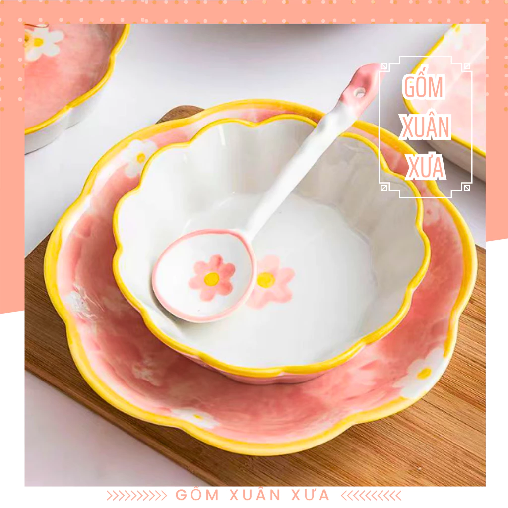 【Gốm Xuân Xưa 2024新作】ピンクの雛菊模様 モダン陶器食器セット（碗皿セット）