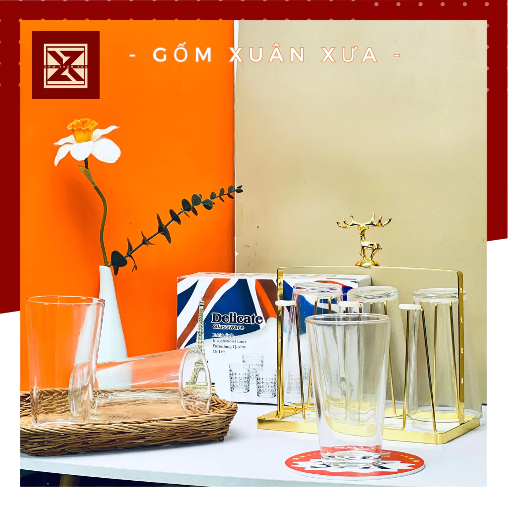 【Gốm Xuân Xưa 2024新作】透明ガラスカップセット - おしゃれなスタンド＆トレイ付き 耐熱グラス 330ml