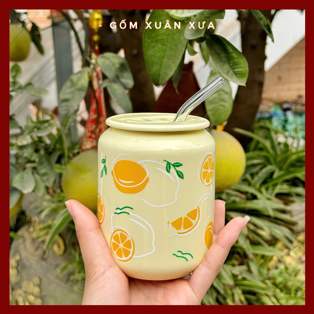 GỐM XUÂN XƯA製 缶型セラミックマグカップ 蓋・ガラスストロー付き 400ml 誕生日/クリスマスプレゼントに最適 かわいいコップ