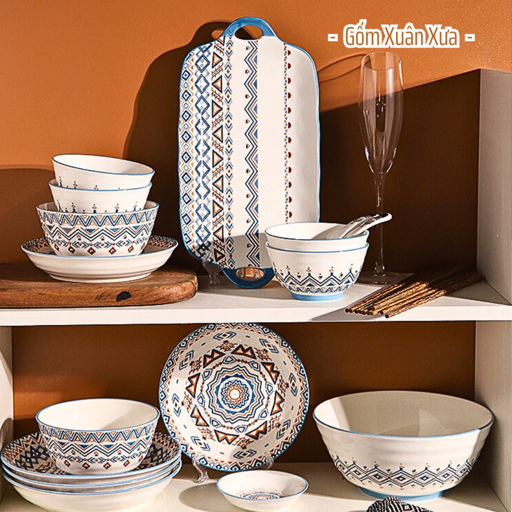 【Gốm Xuân Xưa】ベトナム伝統柄 プレミアム陶器食器セット (皿・茶碗・ボウル)