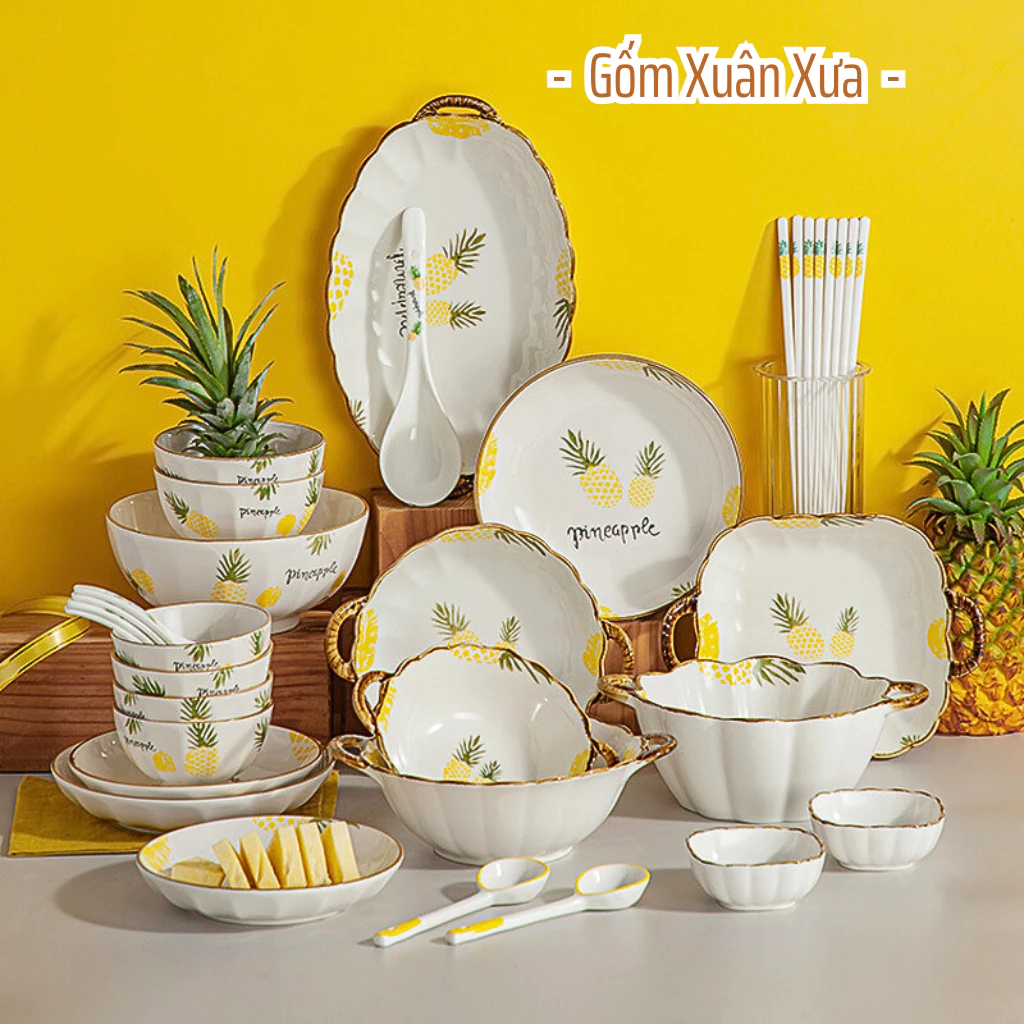 Gốm Xuân Xưa 高級パイナップル柄セラミック食器セット - ご飯茶碗・取り皿・ボウル・プレート