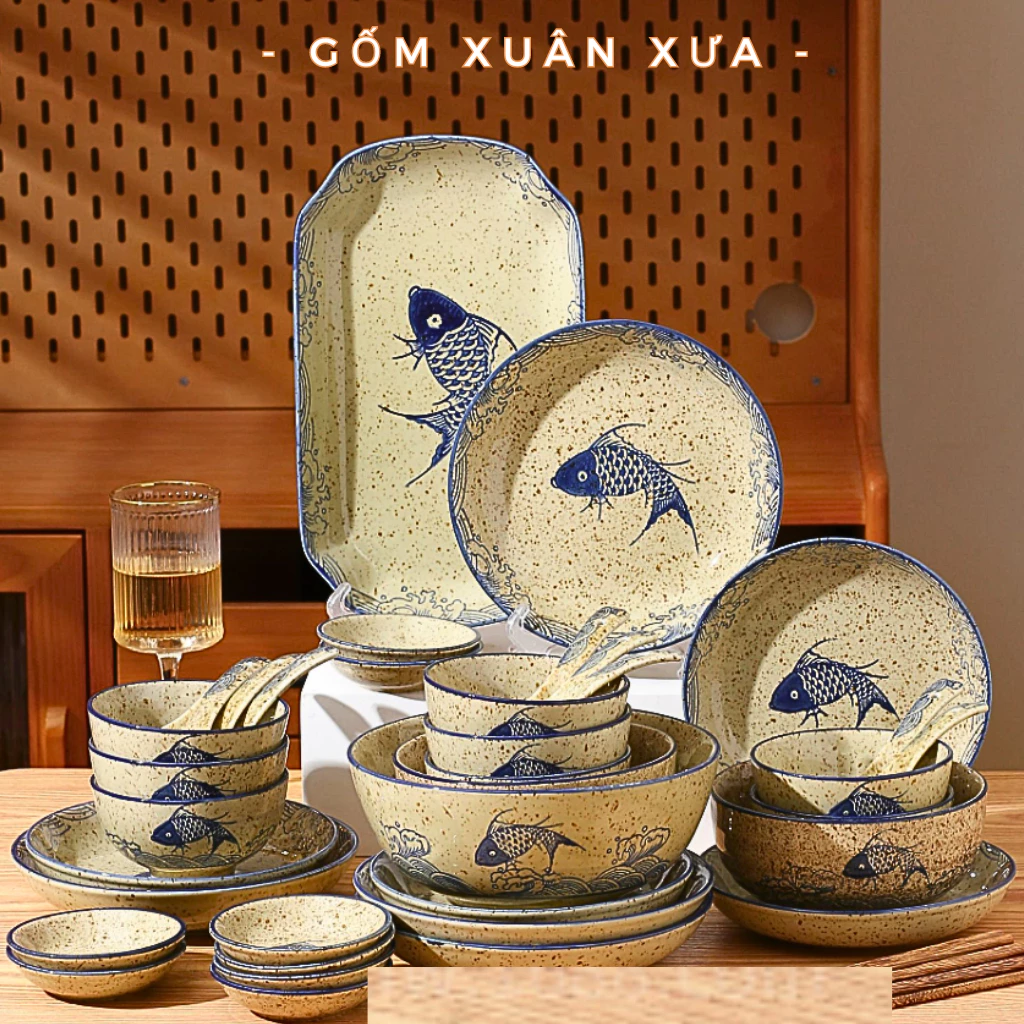 「GỐM XUÂN XƯA」斑点釉セラミック食器セット - 高級和モダン飯碗・プレート