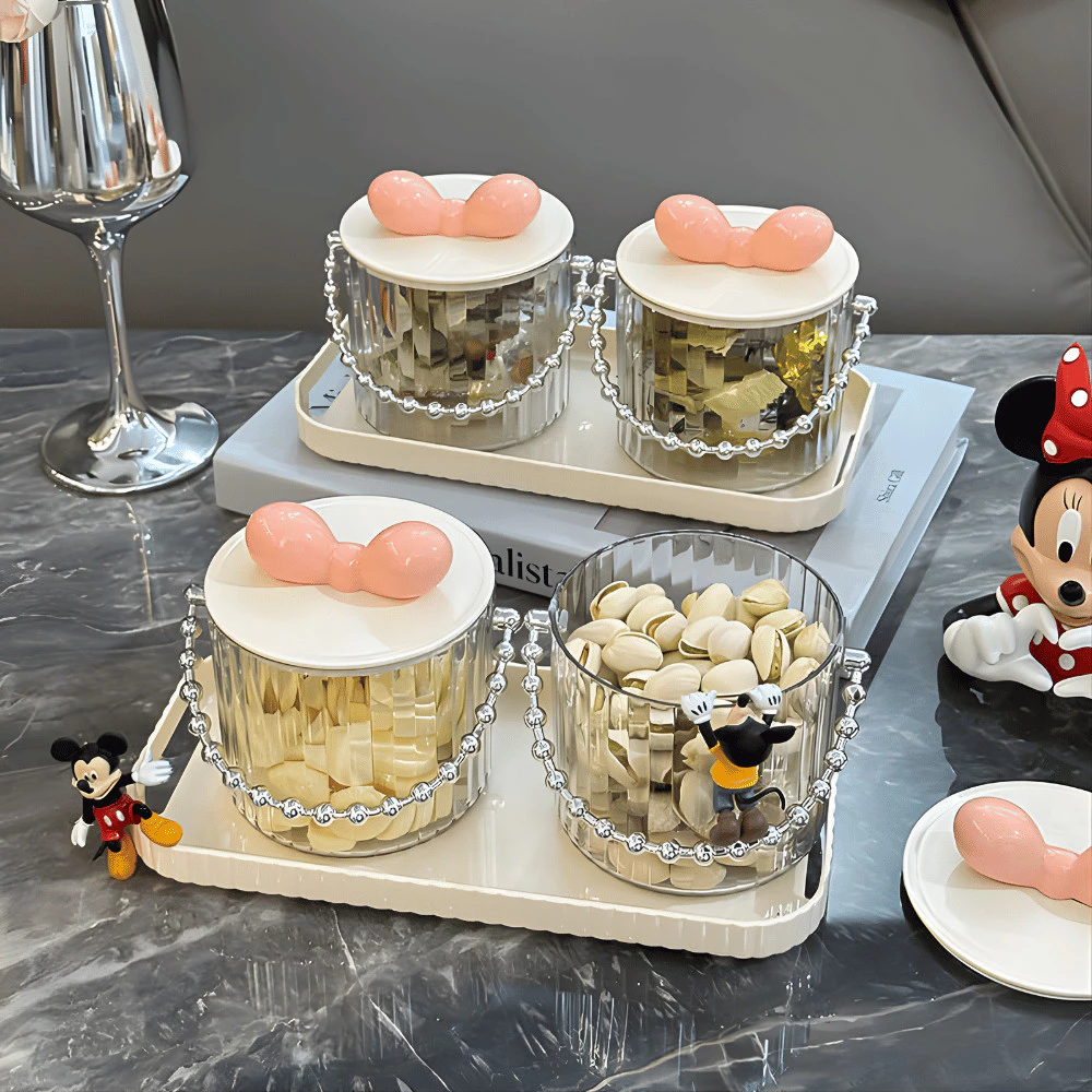 GON 2026年テト限定 蝶結び蓋付きクリア保存容器 4個セット (取っ手付き) - ドライフルーツ・おやつ・キャンディー入れに最適、おしゃれな透明ディスプレイ