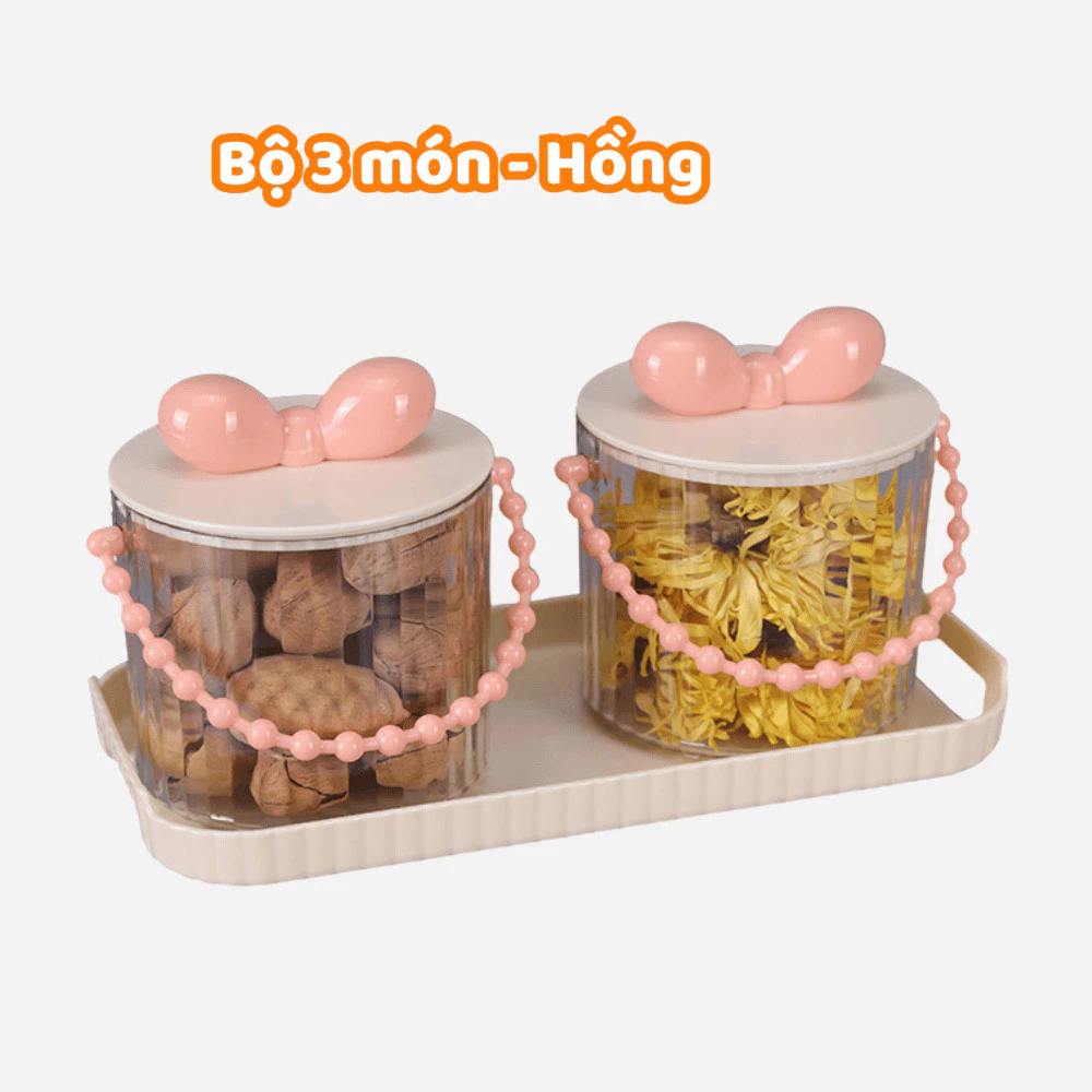 GON 2026年テト限定 ピンクのリボン蓋付きクリア保存容器 2個セット 持ち手付き - お菓子・ドライフルーツ・ナッツに