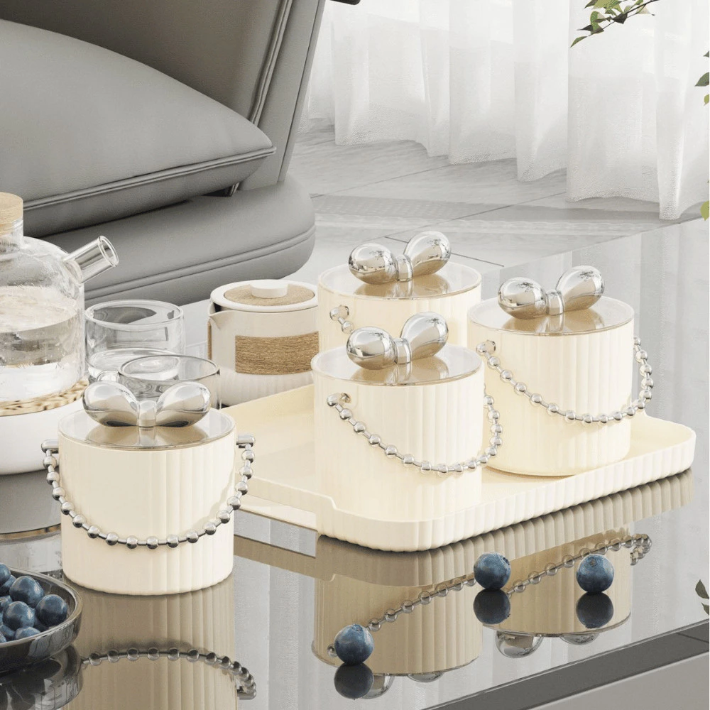 GON 2026年テト向け ピンクのリボン蓋付きジャー 4個セット 取っ手付き 透明 多目的保存容器 (お菓子・ドライフルーツ・スナック用)