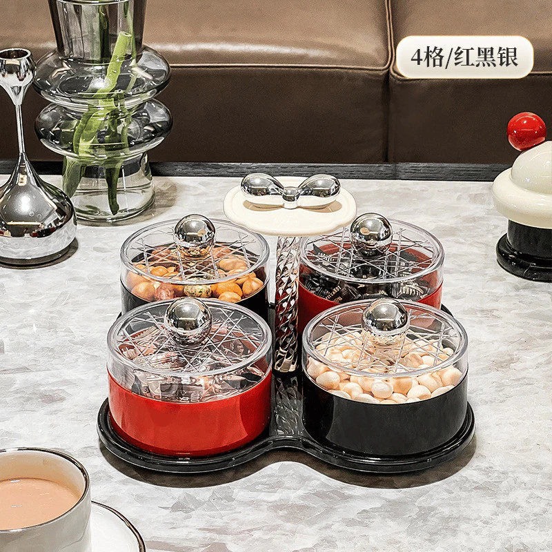 GONHOUSE 360度回転式高級テトお菓子トレイ 4個セット（赤・黒）防塵・防湿フタ付きプラスチック製容器