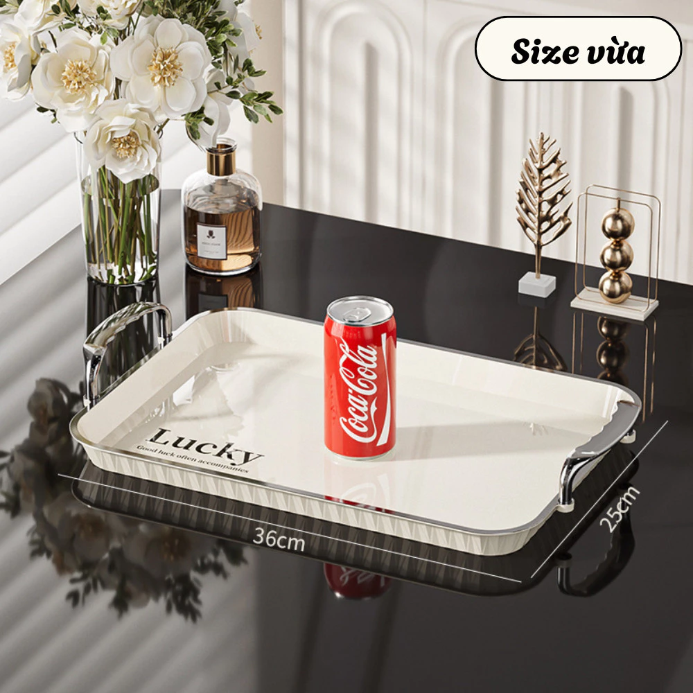 GONHOUSE 高級感あふれるクリームホワイトABS製トレー (シルバーハンドル付) - 多機能ミディアムサイズ