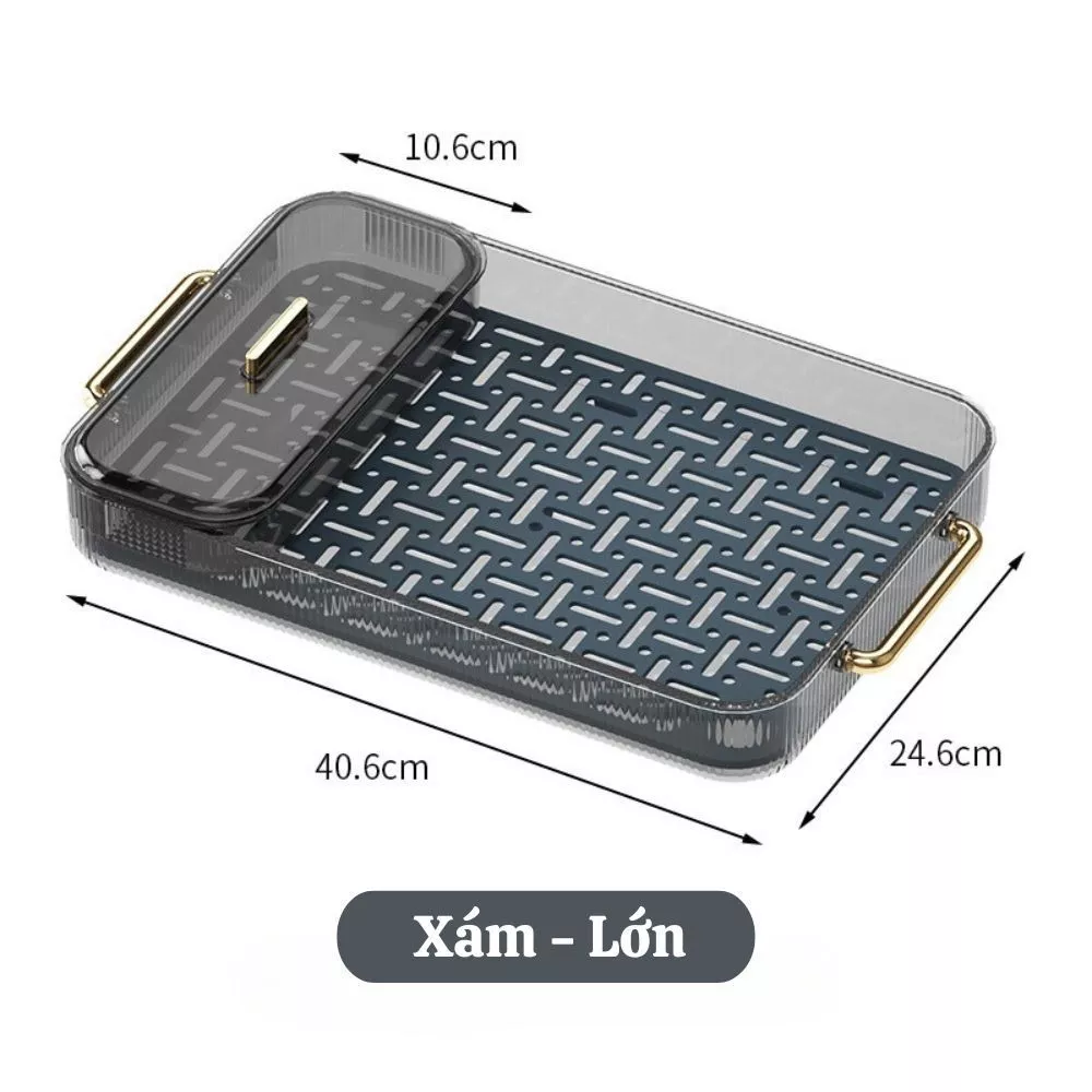 GONHOUSE 2層クリアカップ水切りトレイ Lサイズ グレー 持ち手付き 多機能ティー収納ボックス付き