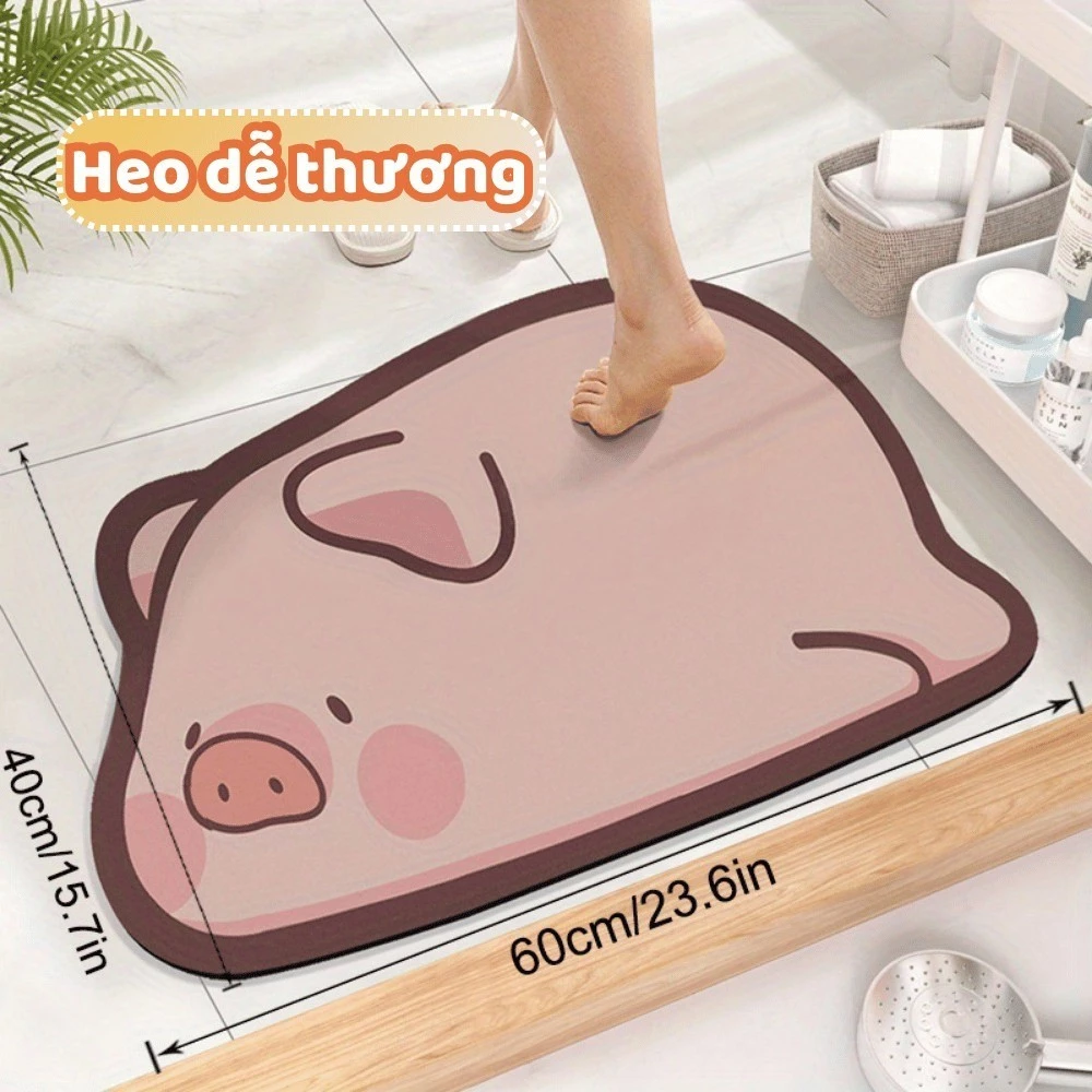 GONHOUSE 超吸水バスマット 足拭きマット かわいい動物 (豚) デザイン お風呂マット 浴室インテリア