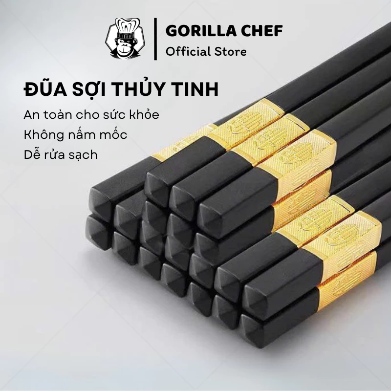 ゴリラシェフ® 金メッキ先端 滑り止め加工 23cm ガラス繊維箸 10膳セット 食洗機対応 健康安全