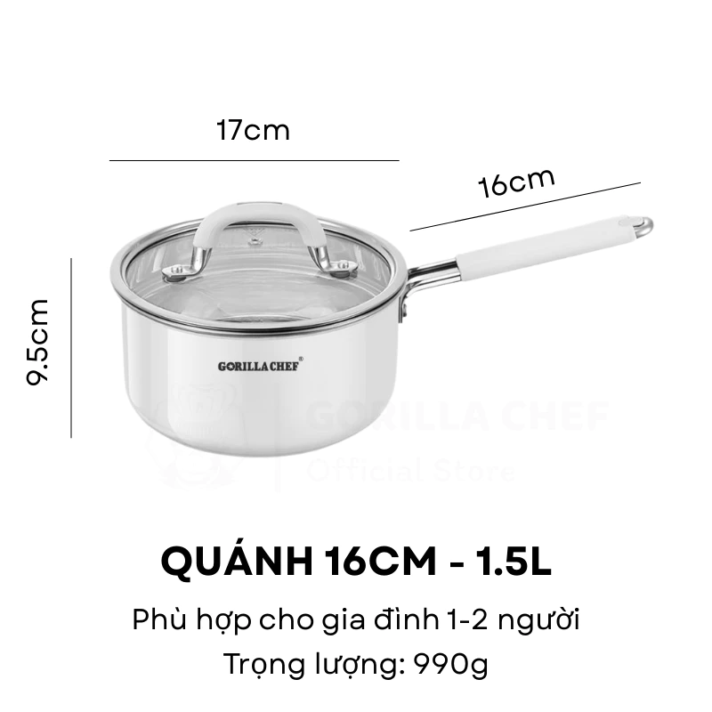 ゴリラシェフ 厚さ6倍！焦げ付きにくい プレミアム304ステンレス 1.5L 全面セラミックコーティング 片手鍋
