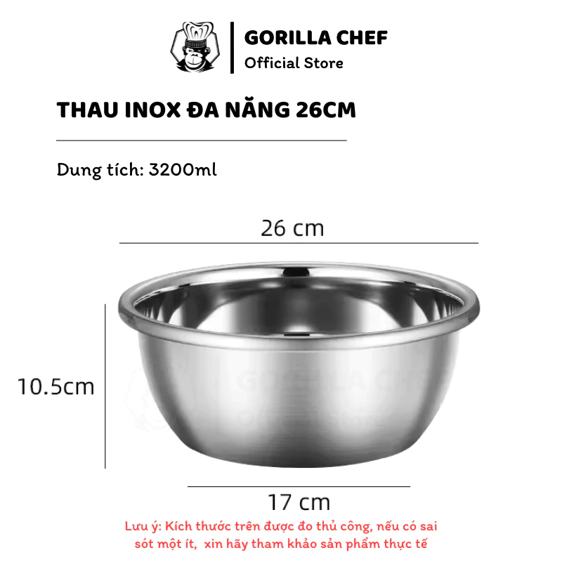 Gorilla Chef ステンレス深型ボウル 26cm (3200ml) - 高品質・厚手 多機能キッチンボウル 持ち手リム付き