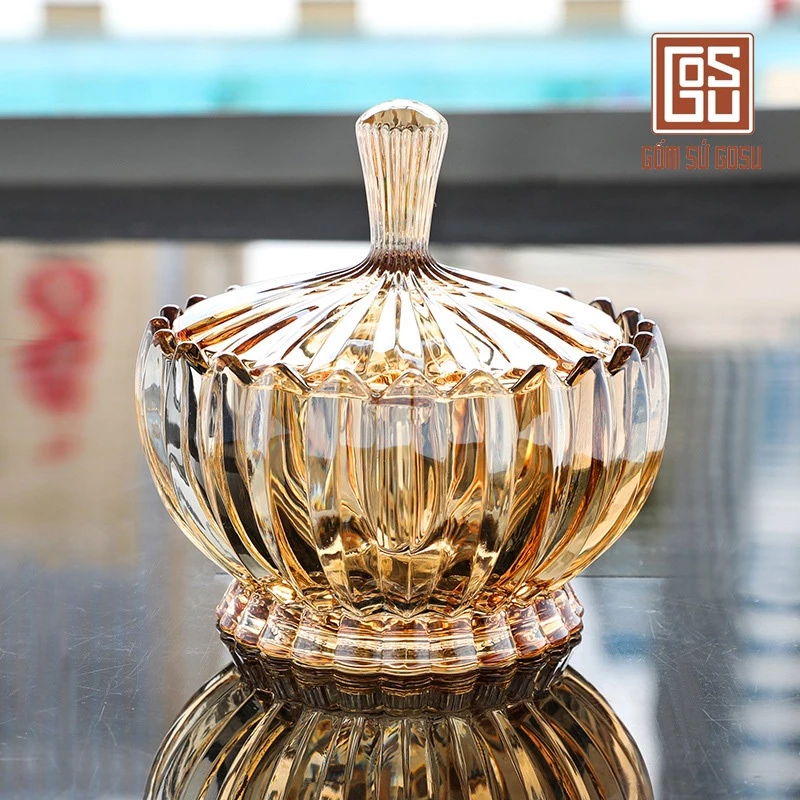 ゴースーブランド エレガント ストライプ柄 クリスタルガラス製 ジャム・お菓子入れ (テト用)