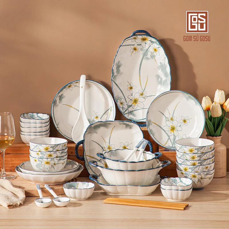 Gosuブランド 花柄セラミック食器セット - 電子レンジ・食洗機・オーブン対応