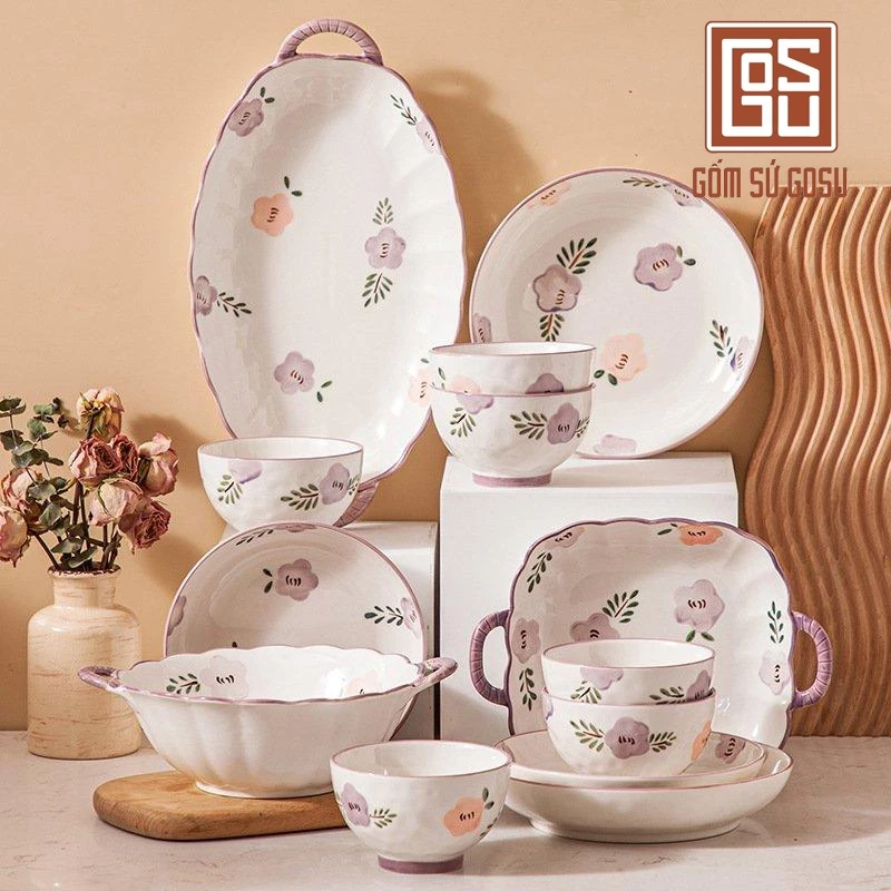Gosuブランド 電子レンジ対応 紫ローズ柄食器セット：上品で食卓を彩るエレガントな陶磁器