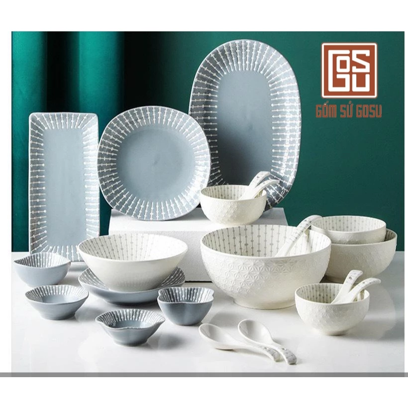 Gosu 北欧スタイル 白灰色ストライプ 釉薬加工 高級陶磁器食器セット