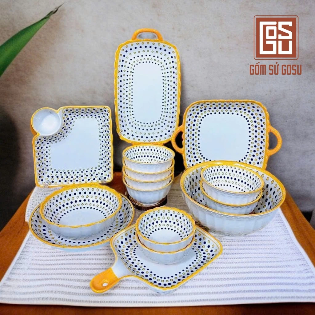 ゴスブランド 高級陶器製 エスニック水玉模様 食卓食器セット 15点 (光沢が美しい一流品)