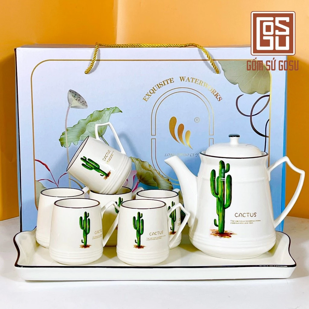 GOSUブランド 高級磁器製 サボテン柄 ティーセット | モダンデザイン茶器 ギフトにも最適