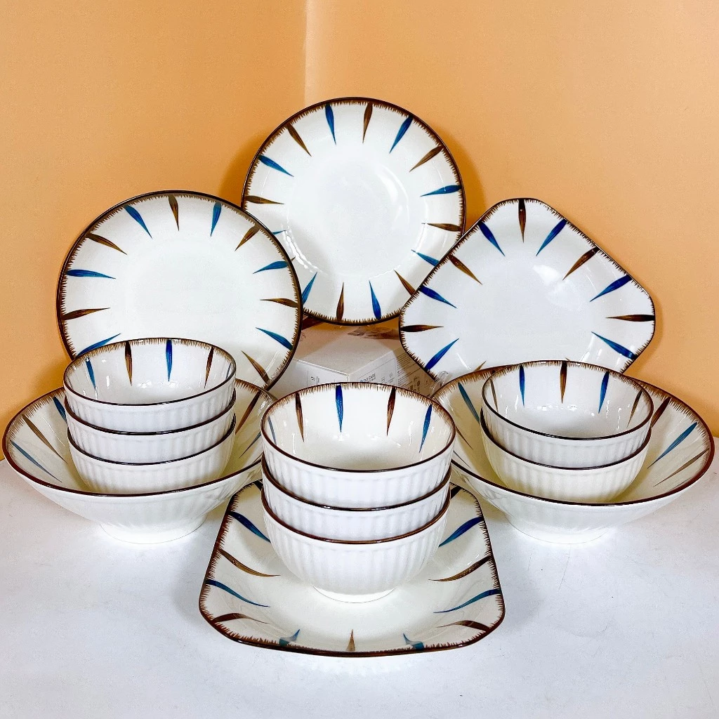 ゴースー (Gosu) 高級陶器食器セット - 和モダン竹模様 ブラウン 安全で食卓を彩る14点/10点セット