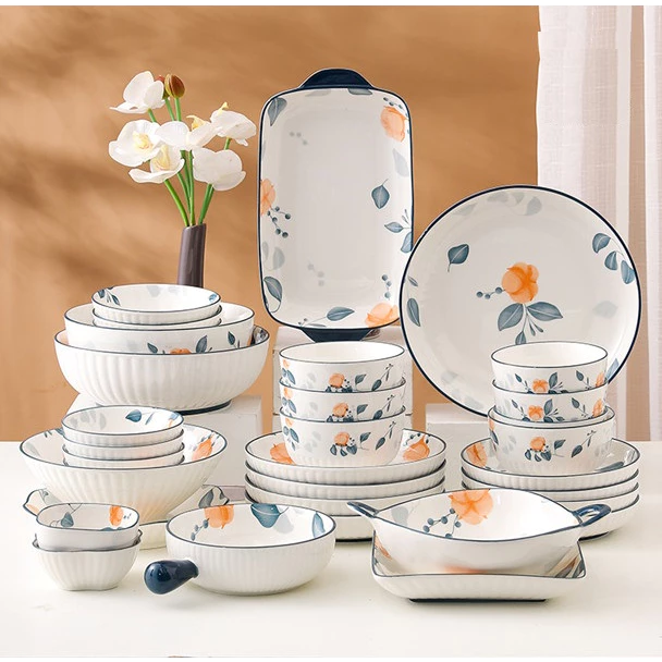 Gosu（ゴス）高級陶磁器食器セット - オレンジ花柄×ブルーリム | 耐熱・食洗機対応