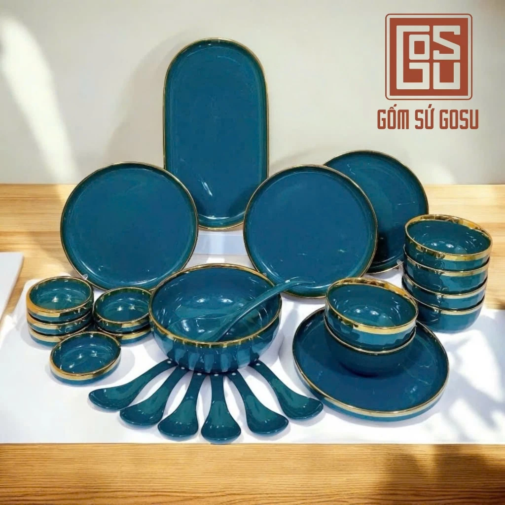 ゴースー 高級鴨緑色 ゴールドリム セラミック食器セット - 北欧デザインのエレガントな食卓をあなたに
