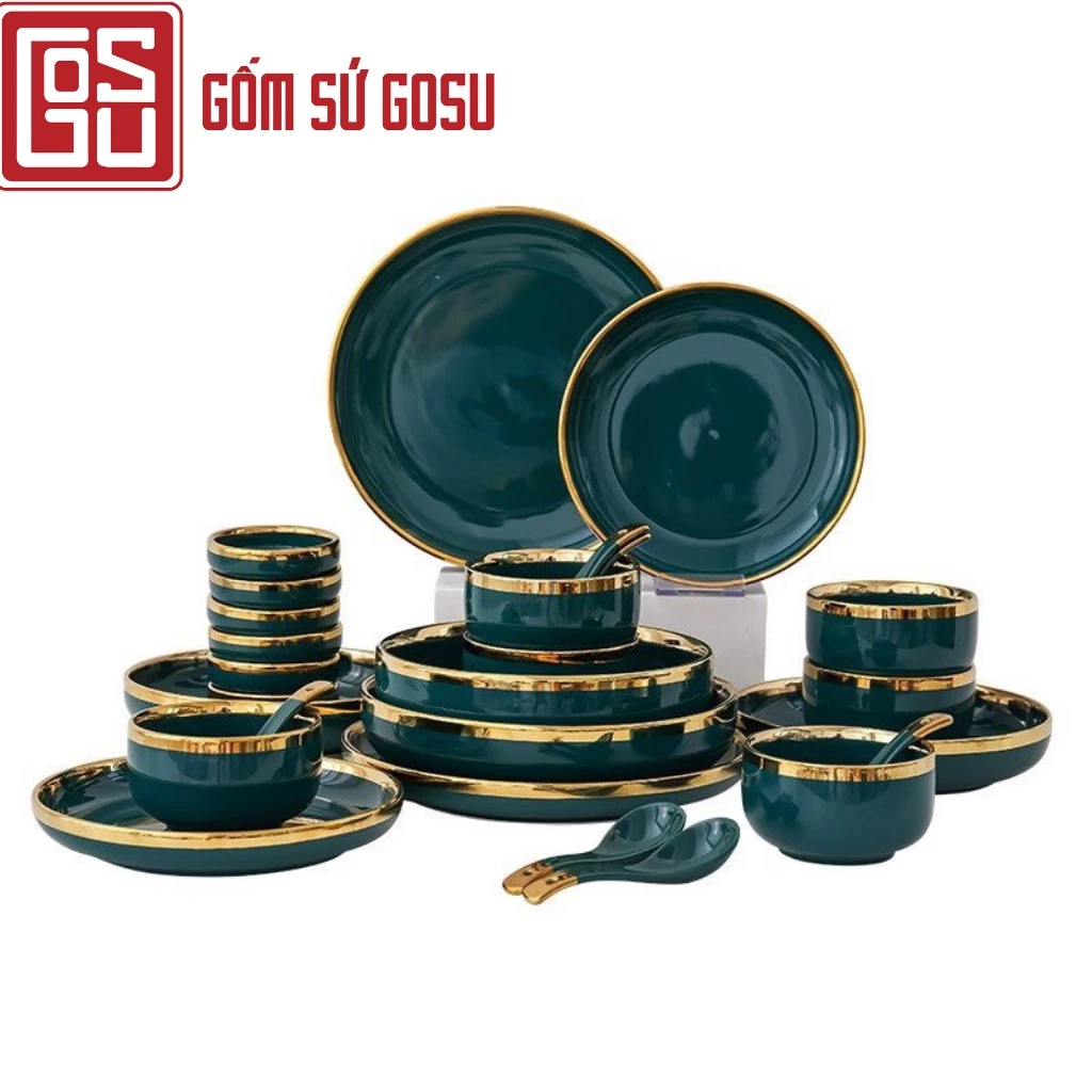 ゴースー 高級鴨緑色 ゴールドリム セラミック食器セット - 北欧デザインのエレガントな食卓をあなたに