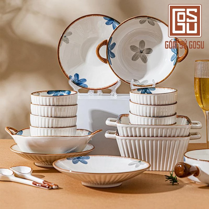 GOSUブランド 高級釉薬仕上げ ブルーキャベツ柄 食器セット - オーブン・食洗機対応