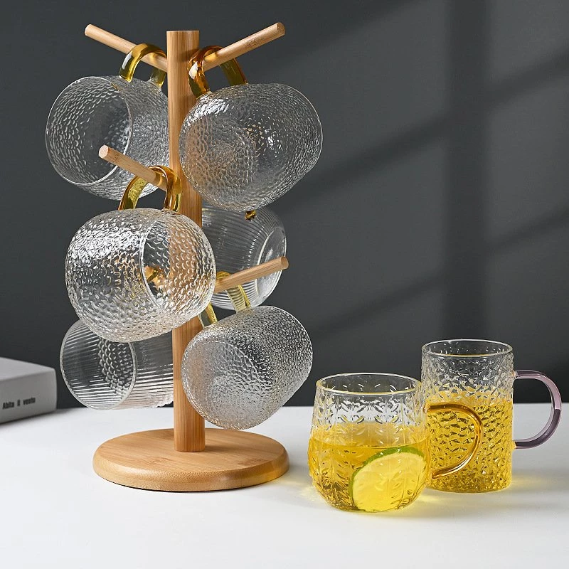 ゴースー 高級耐熱ガラス 菊柄ティーポット フィルター付 6客ティーカップ＆ソーサー 木製トレーセット