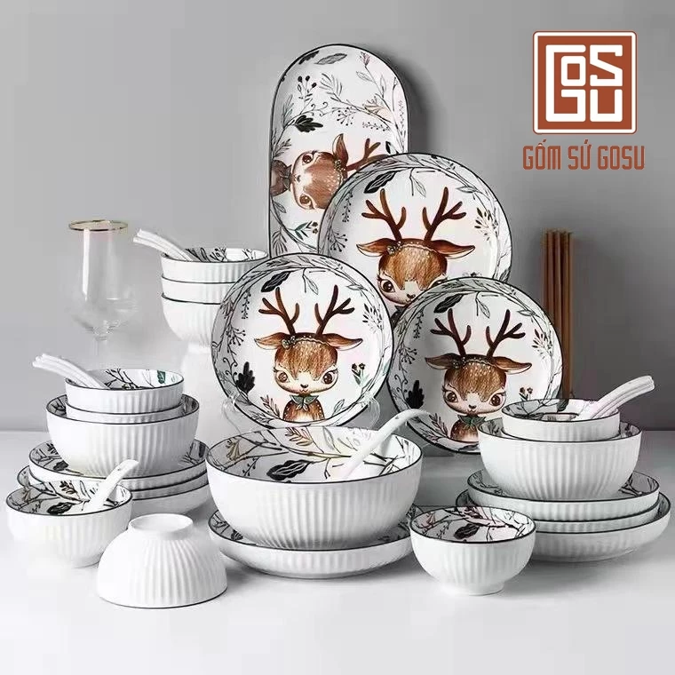 ゴースー（Gosu）高級食器セット - 北欧風ゴールデンディア柄で食卓を華やかに