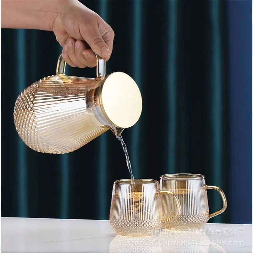 ゴスSW2S-7 ダイヤモンドカット イエロー ガラスピッチャー＆カップセット 1.5L エレガント耐熱