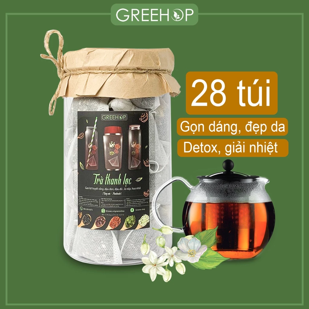 GreeHop 手作り焙煎デトックスティー 28包入り瓶 [黒豆・小豆・玄米] パンダン＆ジャスミンブレンド – 体の内側からすっきり、解毒・クールダウン