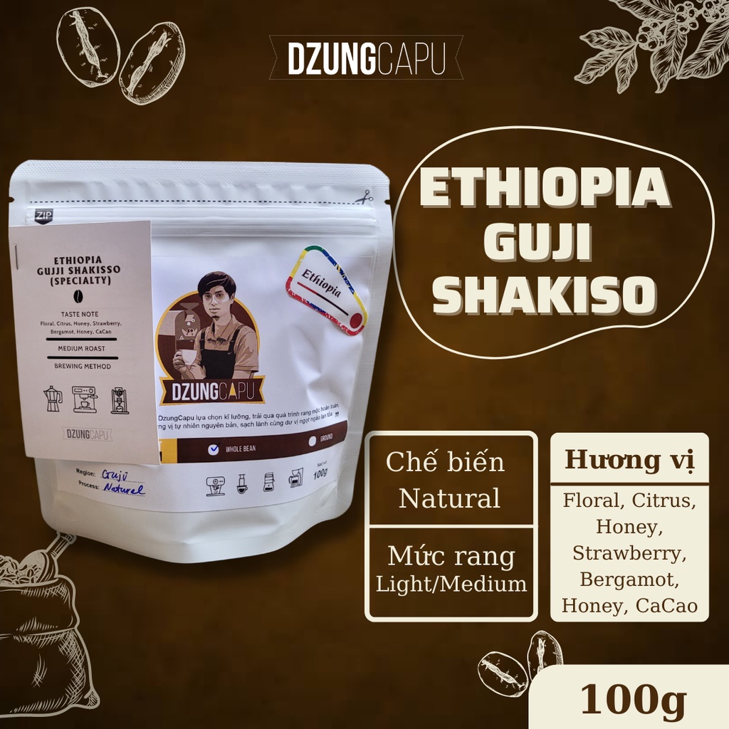 Guji Shakiso G1 エチオピアコーヒー - ナチュラルプロセス - 100g パック - DzungCapu スペシャルティコーヒー - ライトロースト - 丸ごと豆