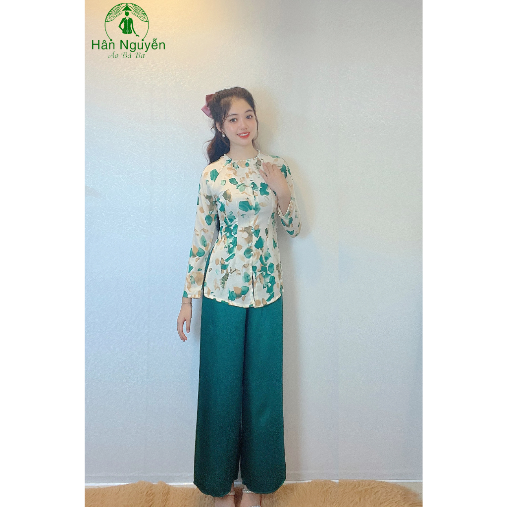ハンニュエン アオババ 伝統的ベトナム女性服 花柄シルク 40-61kg Hân Nguyễn