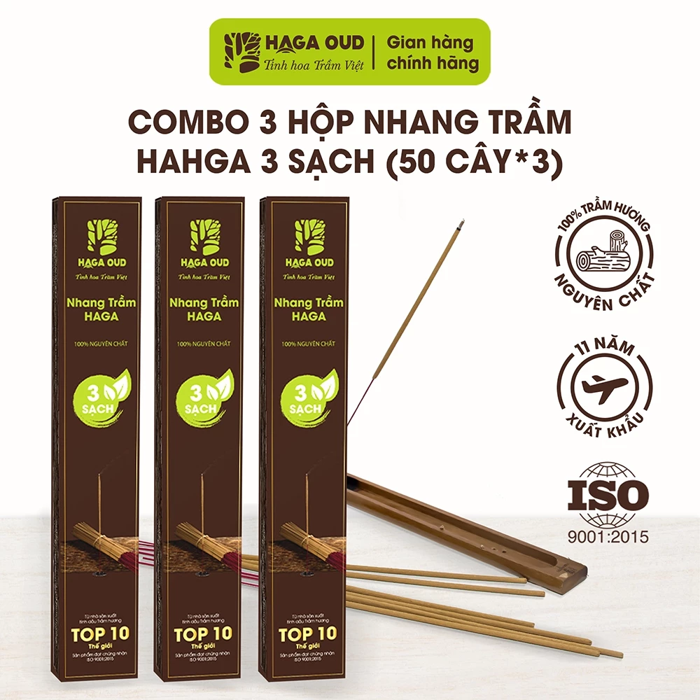 HAGA 3クリーン 沈香お線香 3箱セット（30cm/50本入）- 100%天然沈香使用、心安らぐ香り、煙控えめ、安心安全