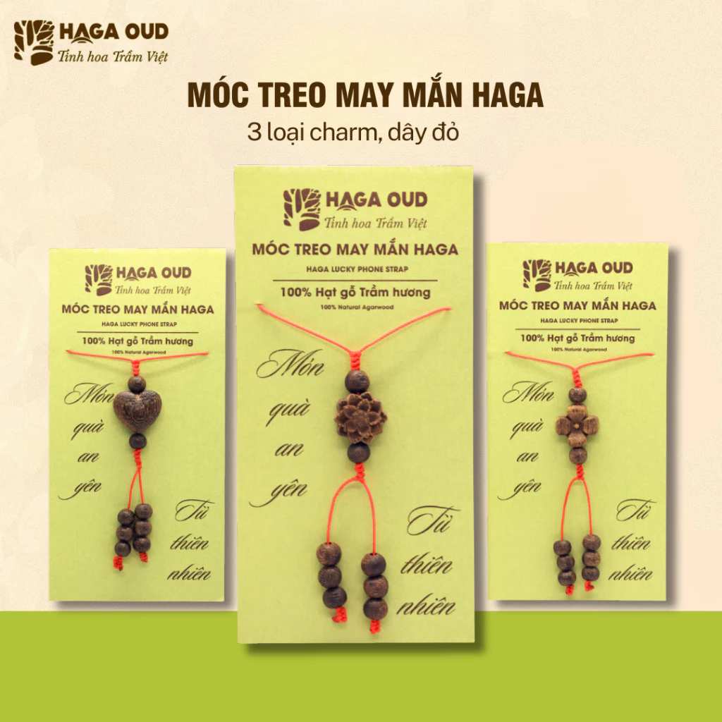 HAGA天然沈香 開運チャームストラップ - 四つ葉、蓮、ハートデザイン