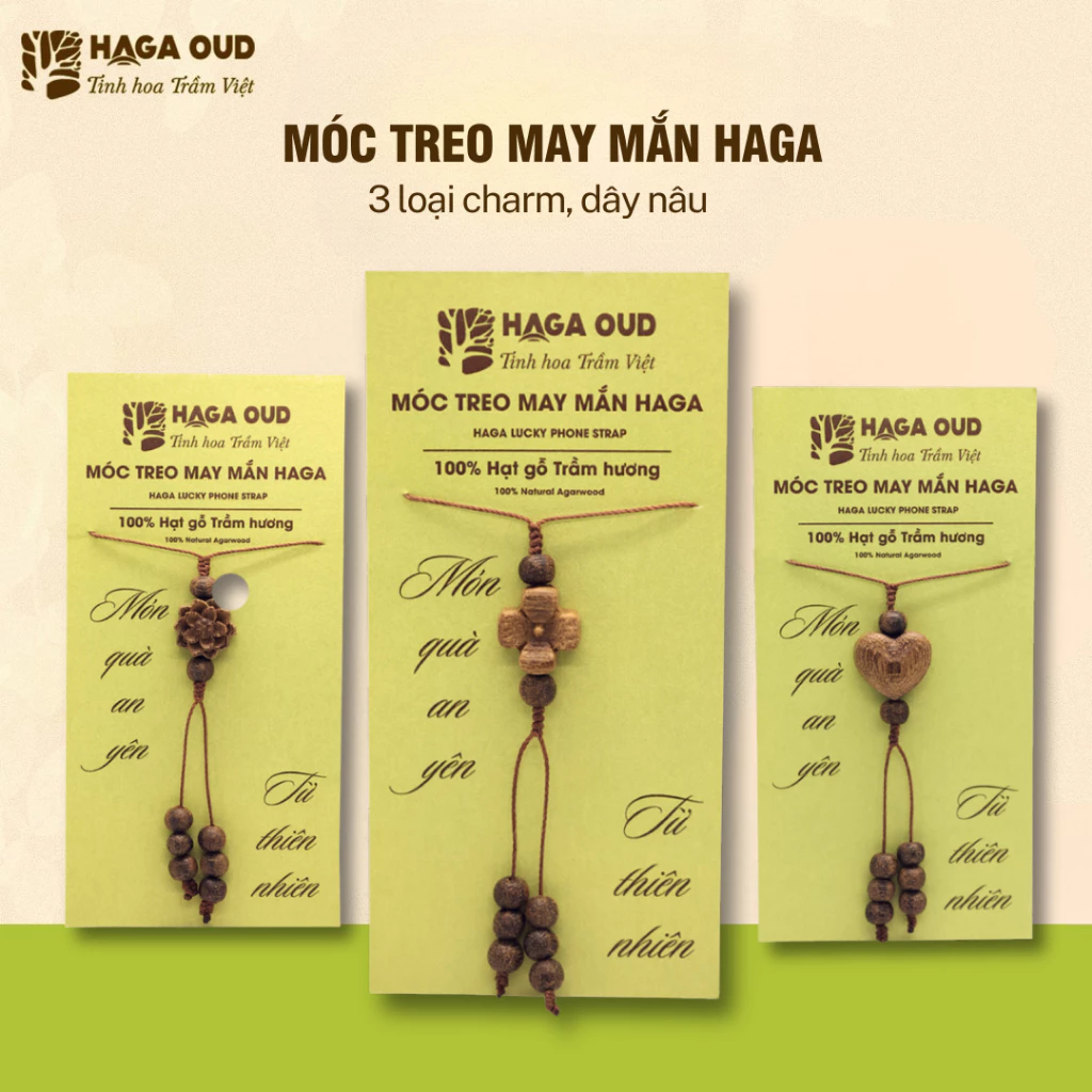 HAGA天然沈香 開運チャームストラップ - 四つ葉、蓮、ハートデザイン