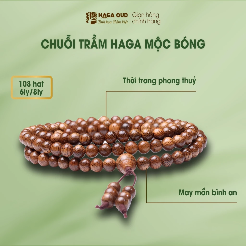 HAGA 沈香ブレスレット 108珠 光沢仕上げ - 金運・邪気払い・平安・幸運をもたらすアロマ香木ブレスレット (6/8mm)