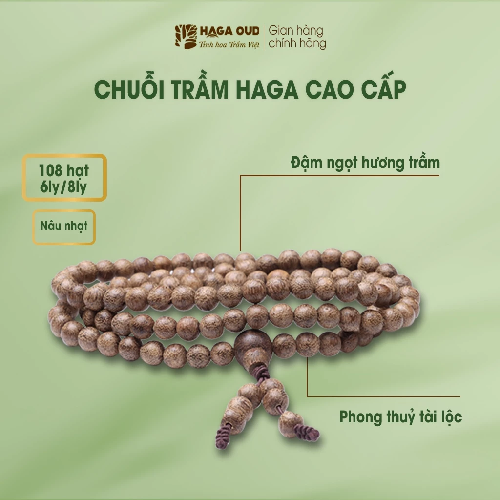 ハガ高級沈香ブレスレット（薄茶色） – 深く甘い沈香の香り、金運・開運風水 – 108玉 (6mm/8mm)
