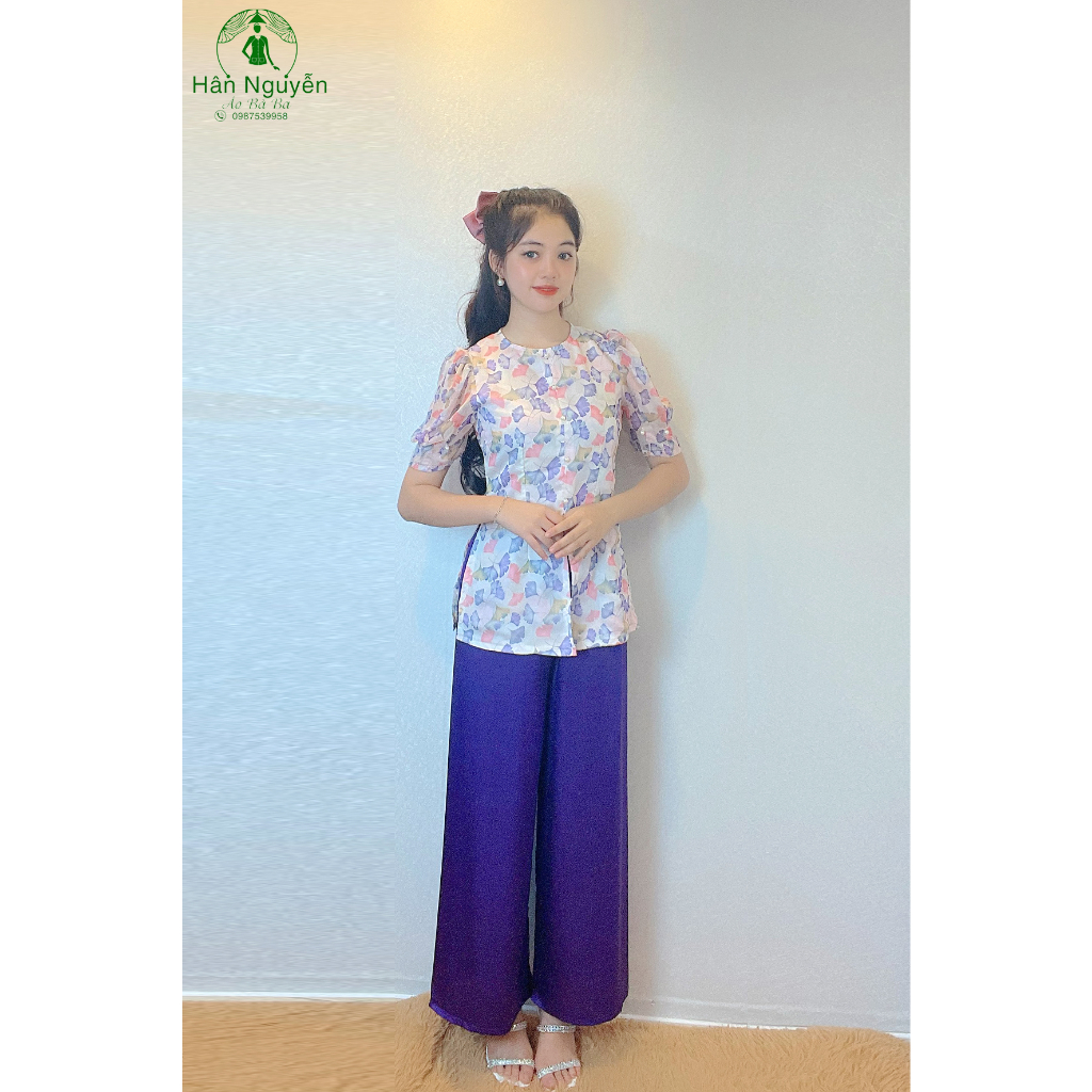 Hân Nguyễn Áo Bà Ba フラワーブリーズ ブラウス 花柄フレア袖 40-61kg ハンニュエン