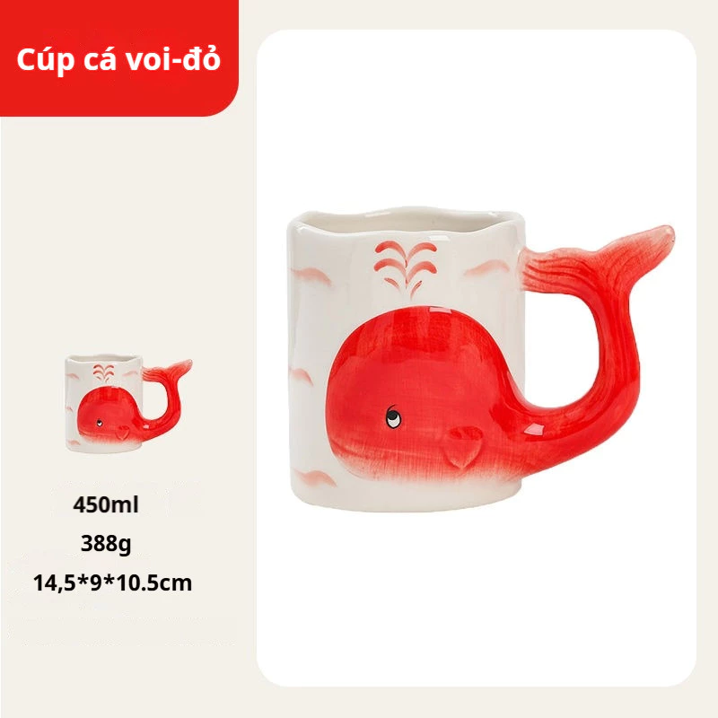 手描き立体クジラ柄レッド可愛いセラミックマグカップ | オフィス・デスクを彩るオリジナル陶器