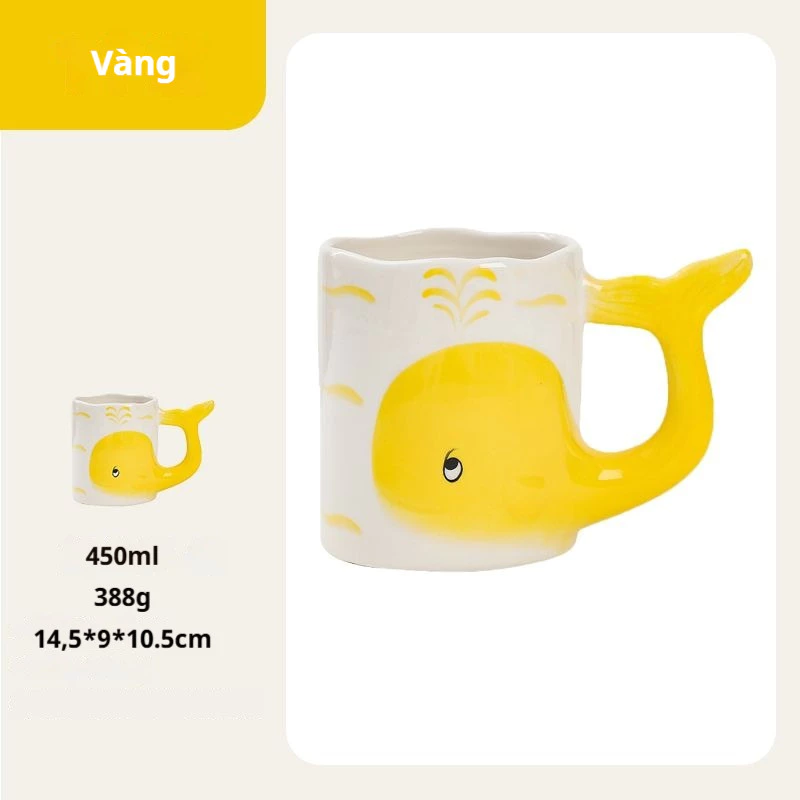 手描き立体クジラ柄マグカップ かわいいイエロー オフィスに海を