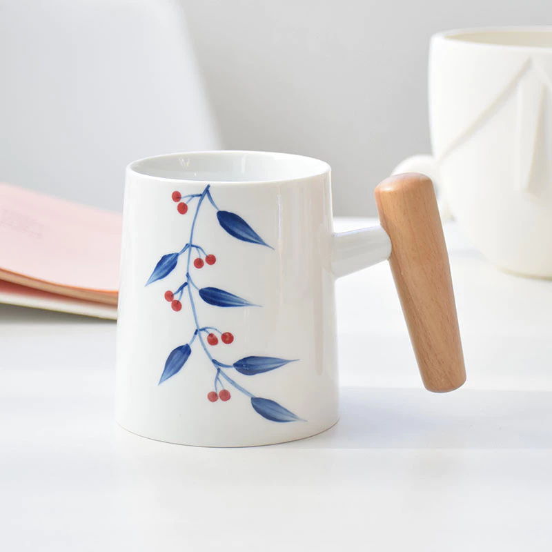 手描きセラミック木製ハンドルマグカップ | オフィス用朝カフェオレに最適 | 和びさび風素朴デザイン