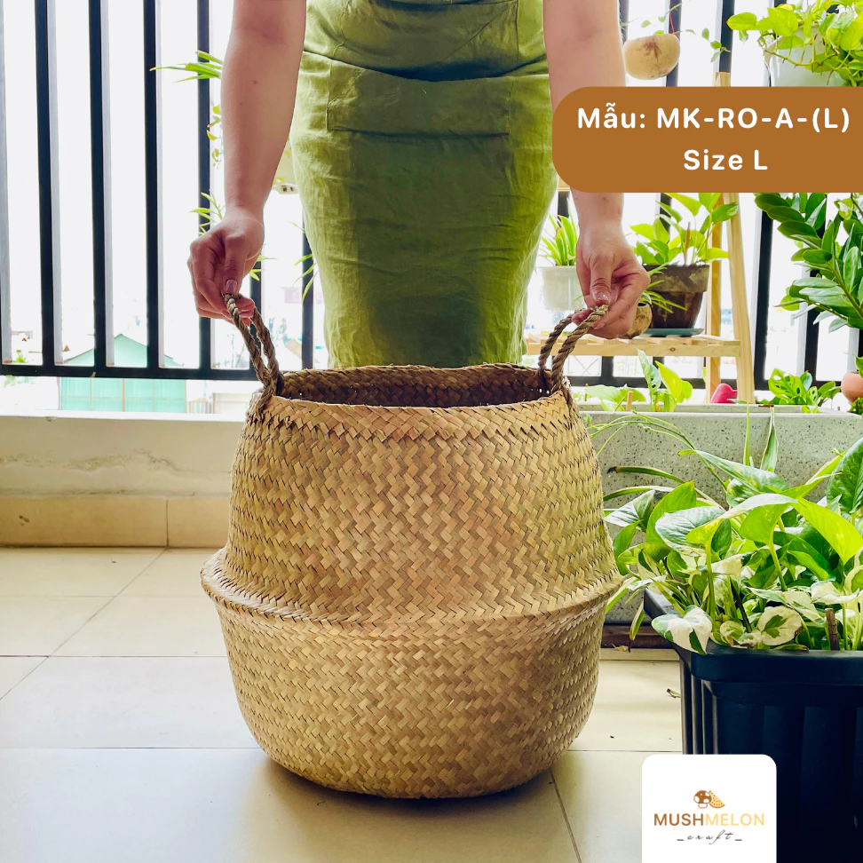 手編みシーグラスバスケット Lサイズ - 北欧風デコレーション、観葉植物カバー、収納、新築祝いギフト